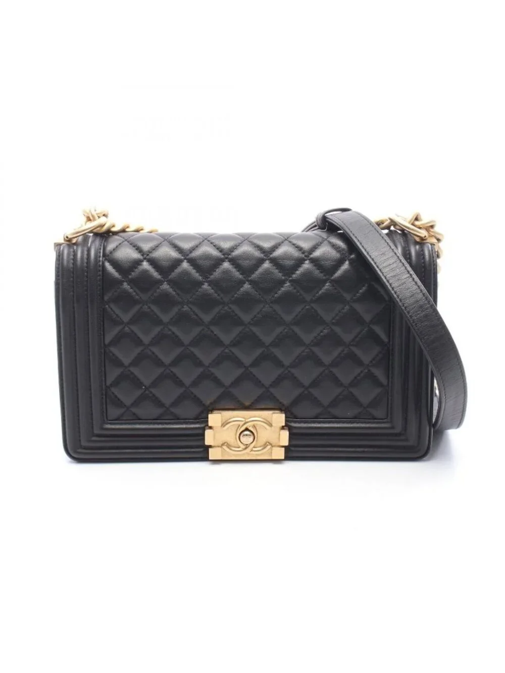Chanel Shoulder Bag Boy Black Lambskin Boy Chain